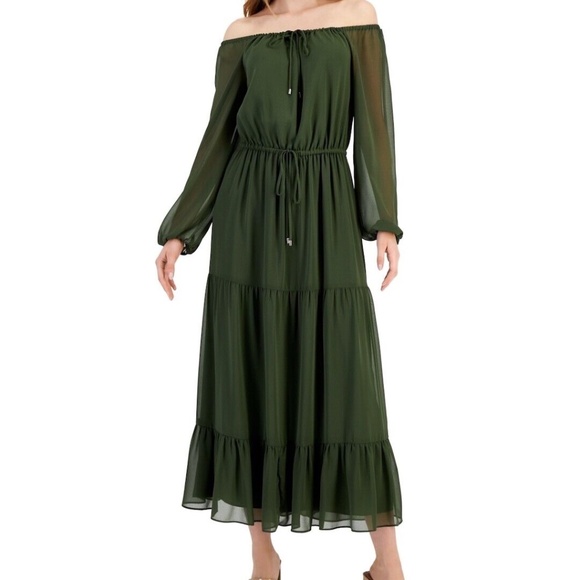 INC Womens Large Tiered Tie Waist Maxi Dress Off the Shoulder Costa Green Sheer - Picture 1 of 11